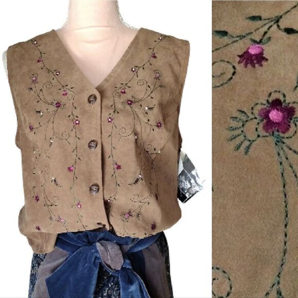 VTG Boho Brown Faux Suede Floral Embroidered Button Front Vest Medium - Picture 1 of 15